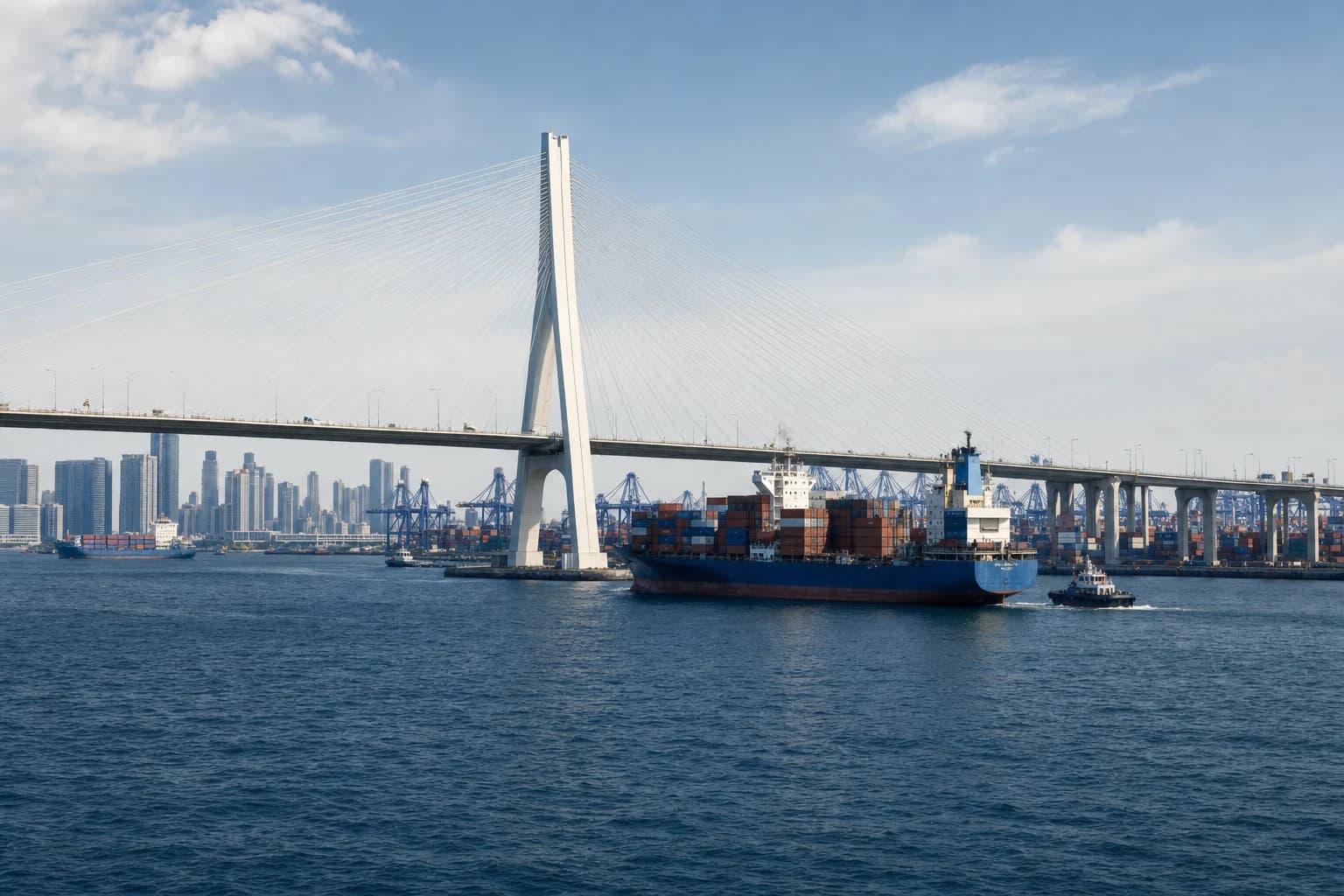 Container ship moving through a Shenzhen port route