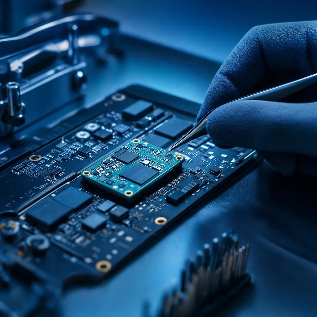 Technician inspecting an electronics component