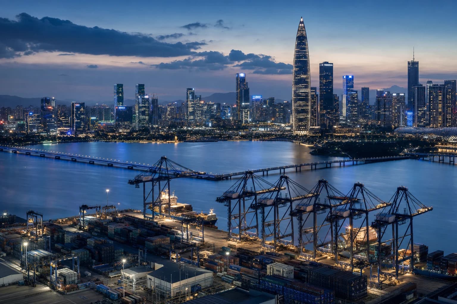 Shenzhen skyline and port at dusk